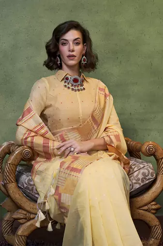 Faux Cotton light yellow woven saree