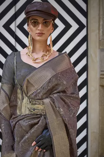 Organza brown weaving work saree