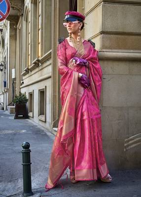 Organza pink weaving work saree 1