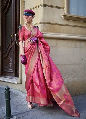 Organza pink weaving work saree 2