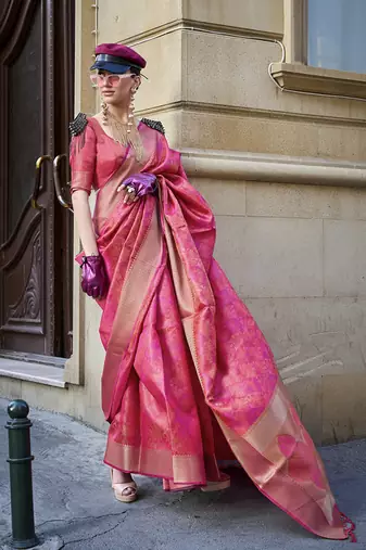 Organza pink weaving work saree
