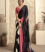 Satin black abstract print designer saree for festival