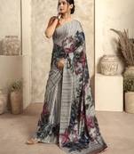 Satin light grey colour abstract print designer saree for festival