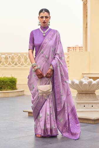 Silk blend lilac floral print saree