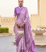 Silk blend lilac floral print saree