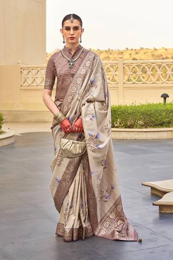 Silk blend beige floral print saree