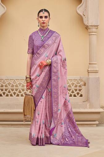 Silk blend baby pink floral print saree