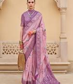 Silk blend baby pink floral print saree