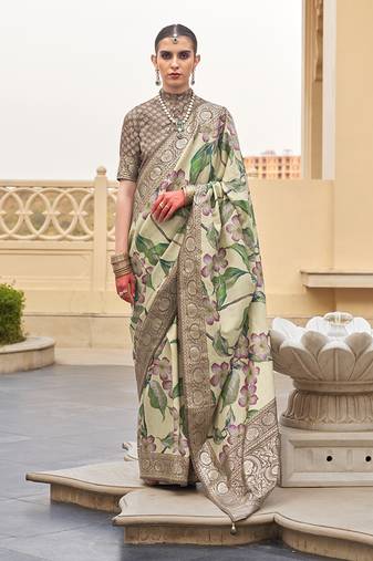 Silk blend cream floral print saree