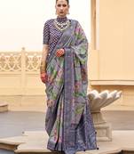 Silk blend grey floral print  saree