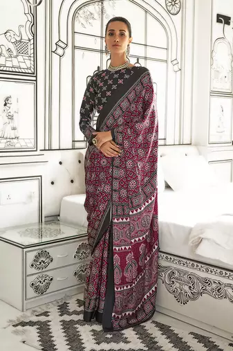 Satin crepe printed maroon saree