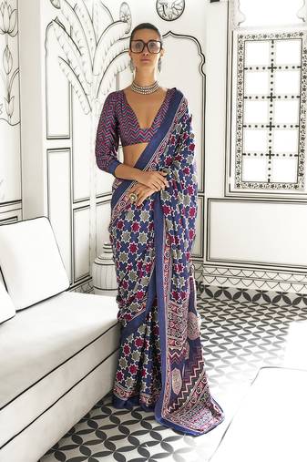Satin crepe printed navy blue saree