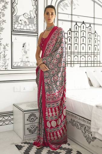 Satin crepe printed black & red saree