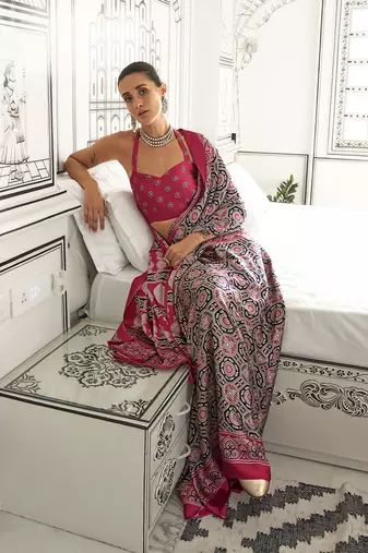 Satin crepe printed multi colour saree