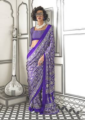 Satin crepe printed violet saree 1