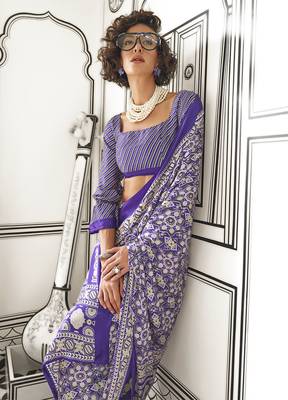 Satin crepe printed violet saree 2