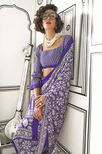 Satin crepe printed violet saree