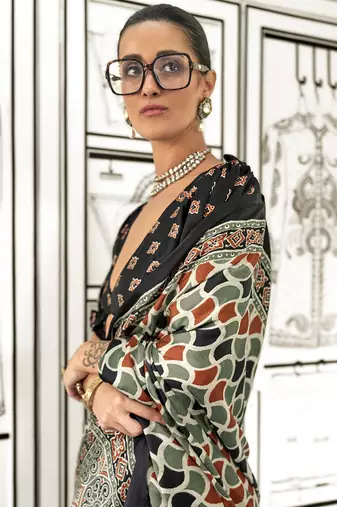 Satin crepe printed multi colour saree