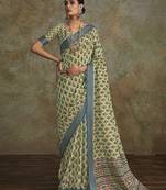 Printed handloom silk blend light green saree