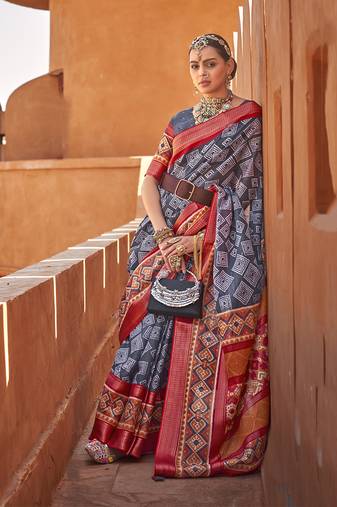 Dark grey cotton silk blend patola print saree