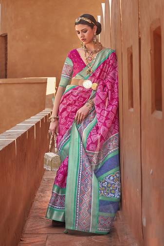 Hot pink cotton silk blend patola print saree