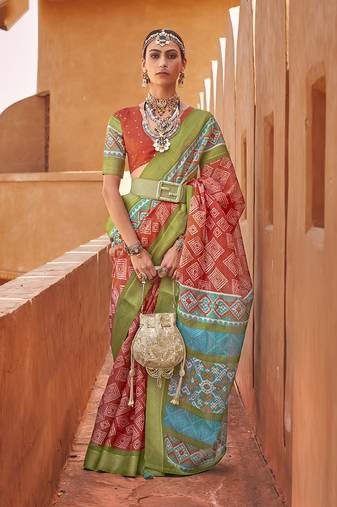 Rust cotton silk blend patola print saree