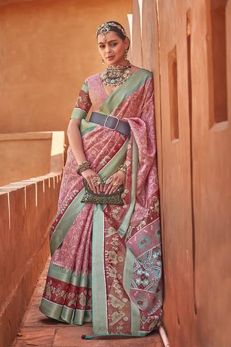 Rose pink cotton silk blend patola print saree