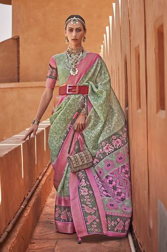 Sea green cotton silk blend patola print saree
