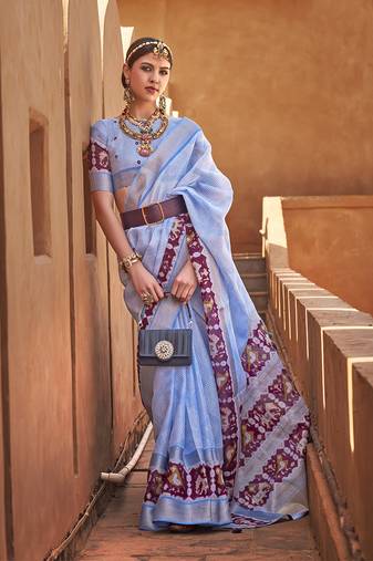 Sky blue cotton silk blend patola print saree