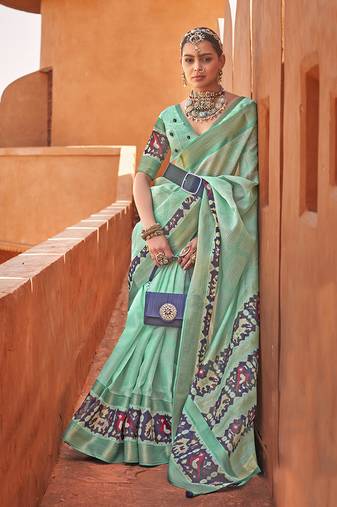 Sea green cotton silk blend patola print saree