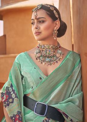 Sea green cotton silk blend patola print saree 2