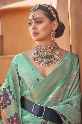 Sea green cotton silk blend patola print saree