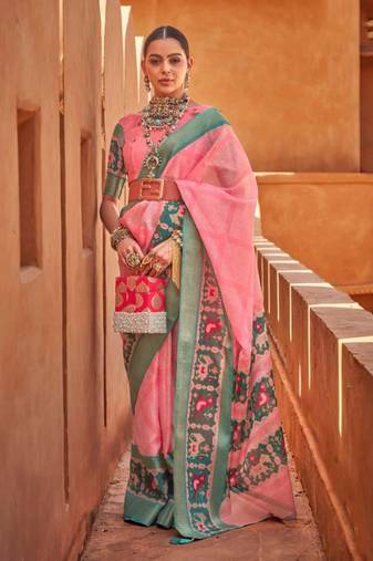 Baby pink cotton silk blend patola print saree