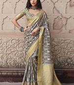 Grey handloom silk blend weaving  saree