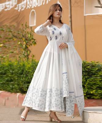 White rayon anarkali kurta with dupatta set 1