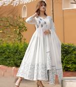 White rayon anarkali kurta with dupatta set