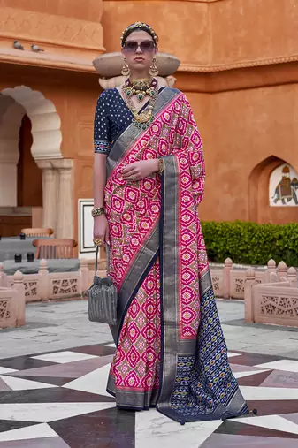 Cotton silk blend hot pink patola print saree