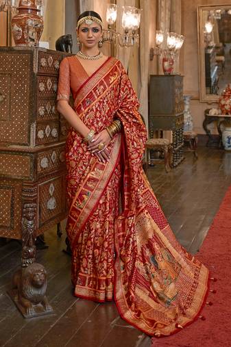 Red weaving patola print silk blend saree