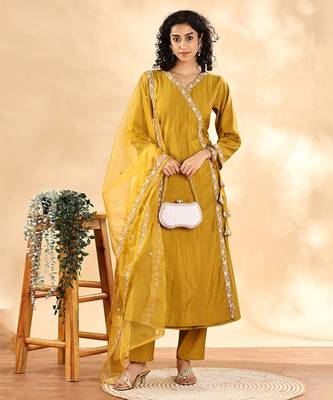 mustard silk embroidered angrakha kurta pant set with organza dupatta set 1