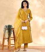 mustard silk embroidered angrakha kurta pant set with organza dupatta set