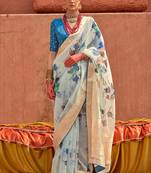 Organza digital print aqua blue saree