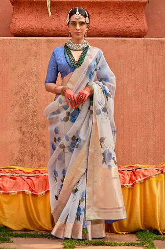 Organza digital print aqua blue saree