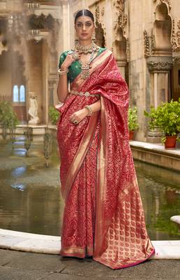 Banarasi silk blend jacquard work saree in red 1