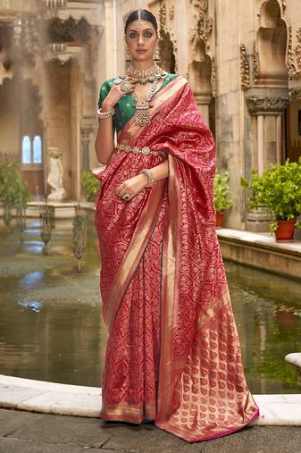 Banarasi silk blend jacquard work saree in red