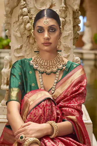 Banarasi silk blend jacquard work saree in red