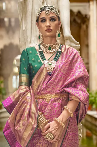 Banarasi silk blend jacquard work saree in pink