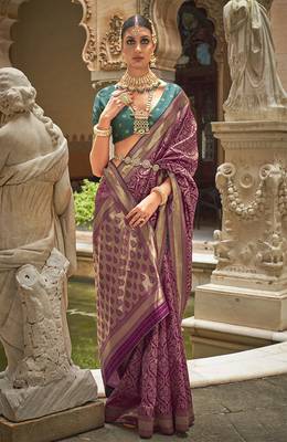 Banarasi silk blend jacquard work saree in magenta 1