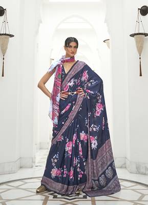Navy blue colour crepe silk blend digital print saree 1