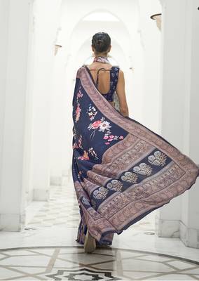 Navy blue colour crepe silk blend digital print saree 2