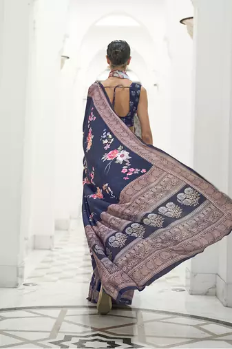 Navy blue colour crepe silk blend digital print saree